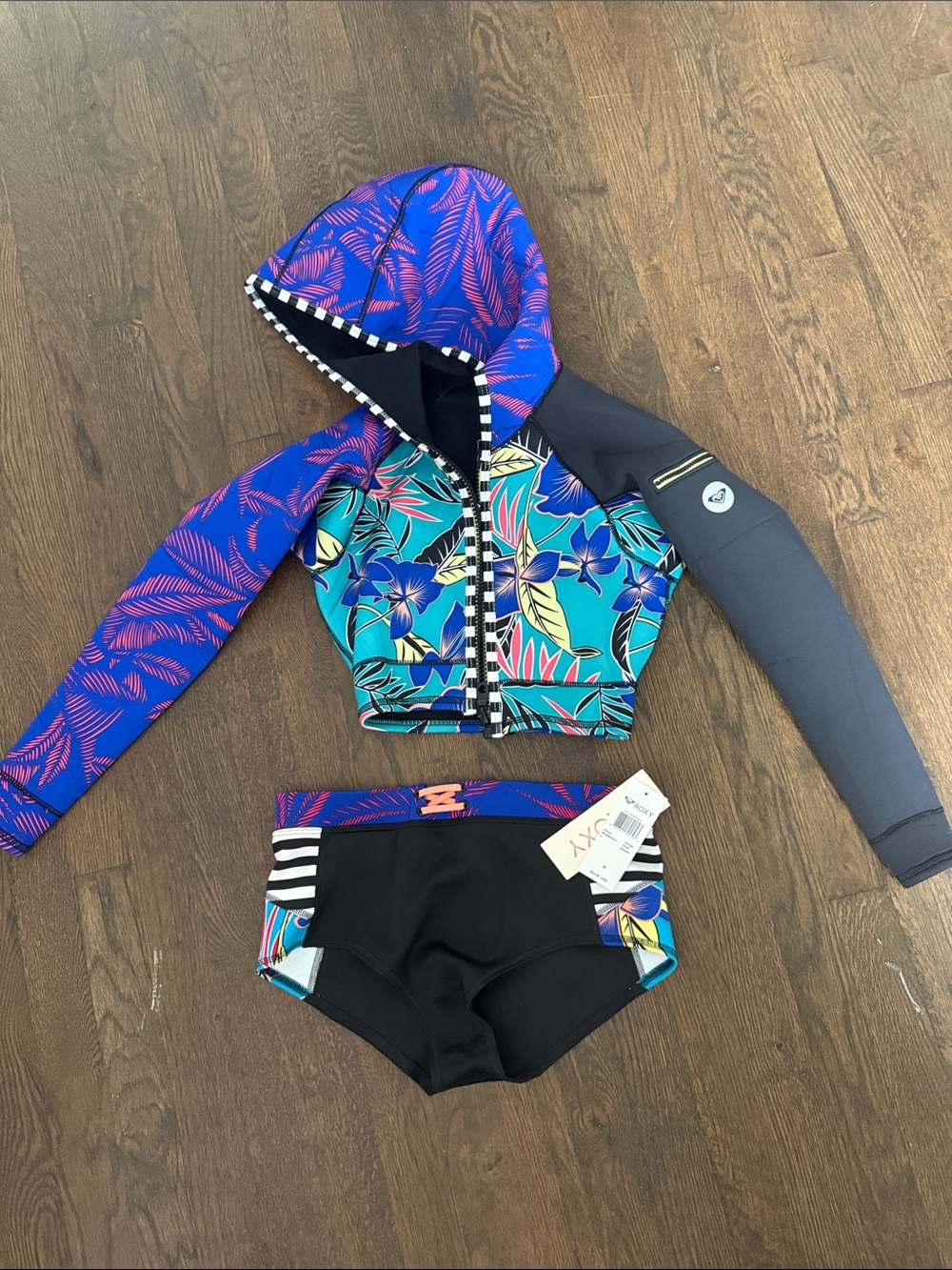 Roxy Teal, Blue & Purple Floral Hooded Rashguard Set